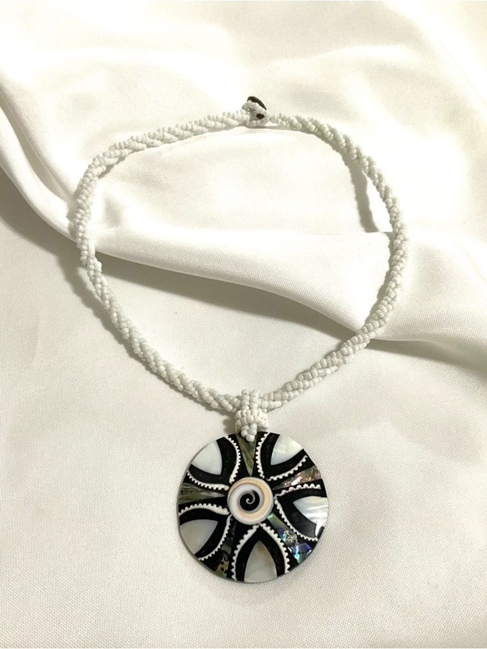 ABALONE  SHELL INLAYED PENDANT on a  Glass SEED BEADED NECKLACE